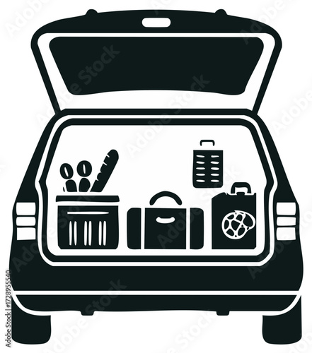 Car trunk packed with luggage, groceries, and supplies for a road trip adventure vector icon
