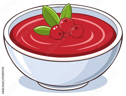 A Simple White Bowl Filled With Vibrant Red Cranberry Sauce Garnished With Fresh Berries and Leaves