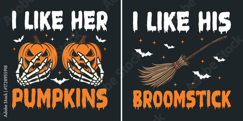 Halloween couple design with pumpkins and broomstick
