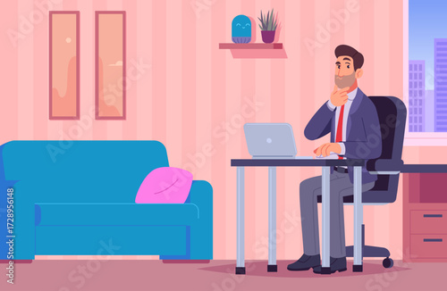 Cartoon businessman thinking at desk with laptop in home office