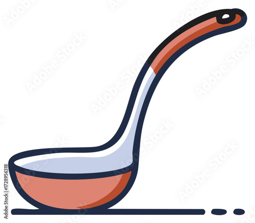 Stylized graphic of a kitchen ladle holding liquid food preparation serving spoon utensil
