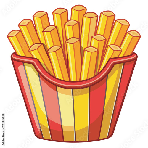 Cartoon french fries in a red and yellow striped container