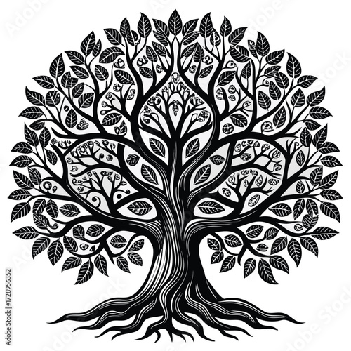 Black and white vintage tree engraving seamless pattern with intricate details and classic aesthetic