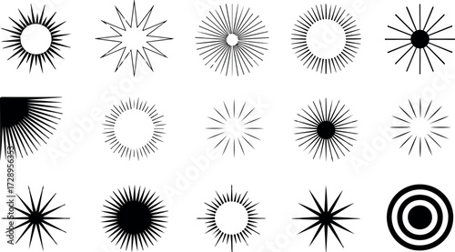 A collection of diverse burst vector designs, featuring sunbursts, radial lines, and geometric patterns, creating a dynamic and versatile graphic resource