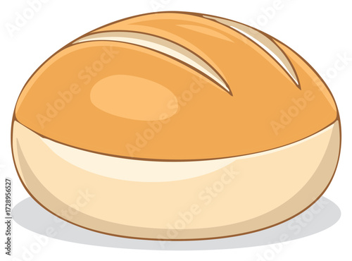 Simple cartoon vector illustration of a freshly baked round bread roll with a golden brown crust