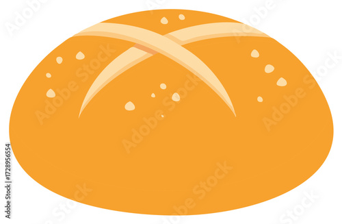 Golden baked bread roll with crisscross scoring and sprinkled flour details