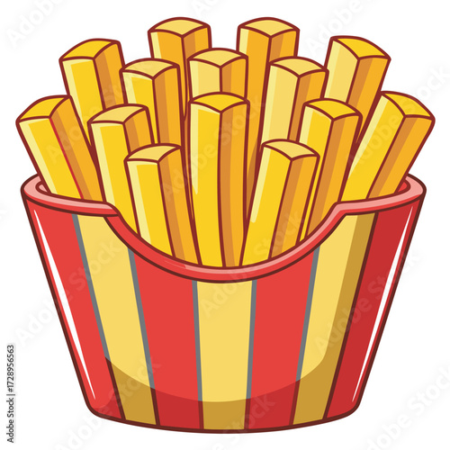 Cartoon french fries in a red and yellow striped container