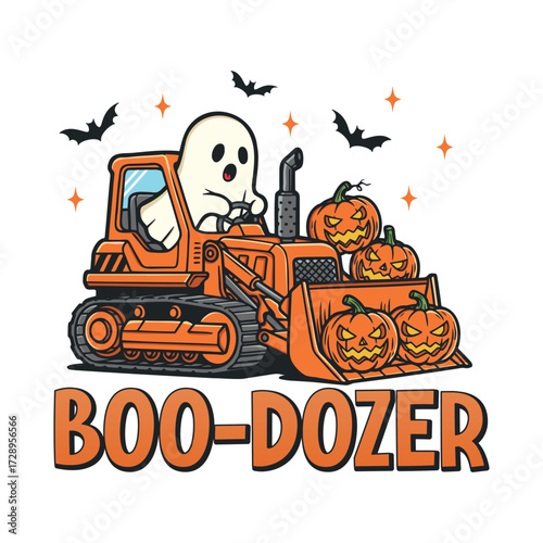 Funny Halloween Ghost T-Shirt Design – Boo Dozer with Pumpkins and Bulldozer