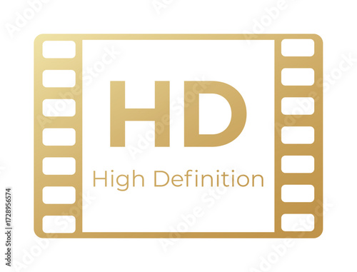 Golden hd symbol with filmstrip border highlighting high definition quality.