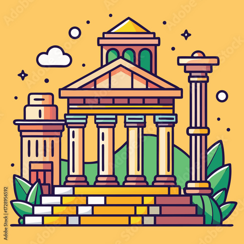 Intricate line art illustration of ancient ruins with architectural elements and historical details