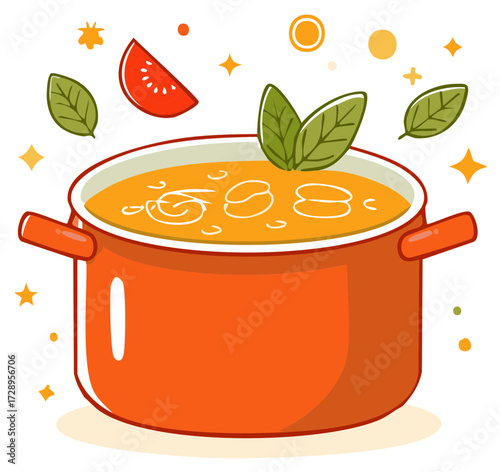 A steaming pot of delicious homemade soup with fresh tomato and basil leaves cartoon vector illustration