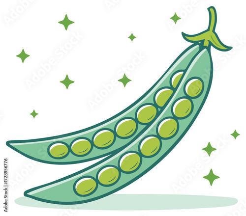 Cartoon pea pod illustration, showing the peas with green stars, graphic design, fresh and healthy