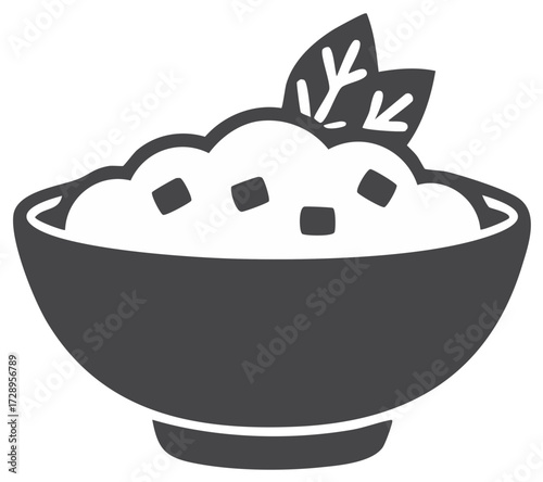 Simple glyph icon of a food bowl with a meal and fresh leaf garnish