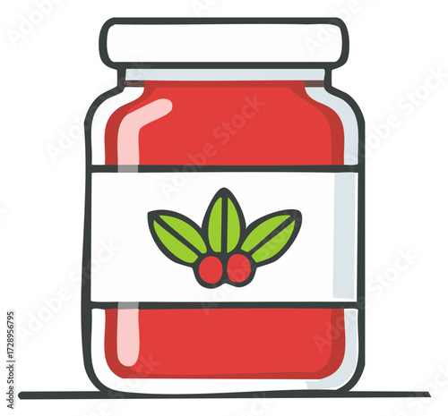 Stylized red fruit jam jar with decorative berry and leaf label design