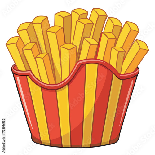Cartoon french fries in a striped container with red and yellow colors