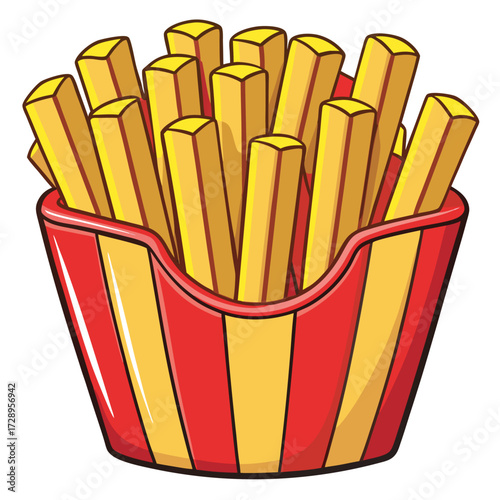 Cartoon french fries in a striped container with red and yellow colors