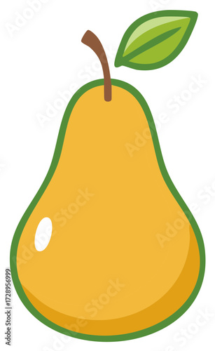 Vibrant yellow pear fruit illustration with green leaf and brown stem, healthy food icon, organic produce.
