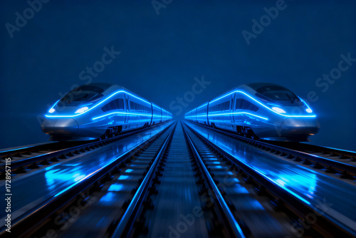 Two futuristic high-speed trains approaching on parallel tracks with blue neon lighting at night