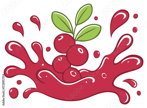 Vibrant Cranberries and Juice Splash with Green Leaves Illustrated on White Background