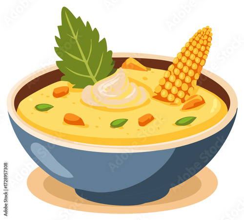 Creamy corn chowder in blue bowl with garnish of corn cob and mint leaf