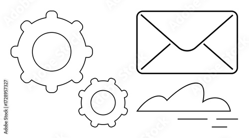 Two gears, a mail envelope, and a cloud suggest process automation, digital communication, and cloud storage. Ideal for technology, business, email marketing, process optimization collaboration