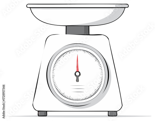 Retro kitchen scale with round dial and red pointer, measuring weight