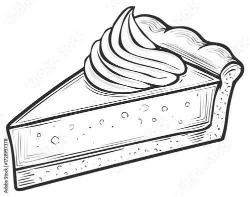 Slice of pie with whipped cream illustration. Vector image of sweet dessert with icing.