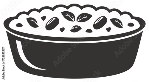 Stylized illustration of a round bowl filled with food and garnished with leaves and oval shapes