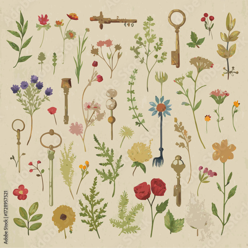 A delicate collection of tiny pressed flowers and vintage botanical elements