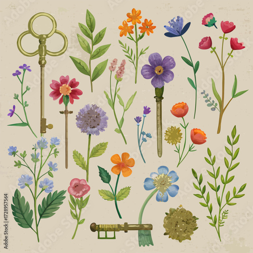 A charming collection of tiny pressed flowers and vintage botanical elements