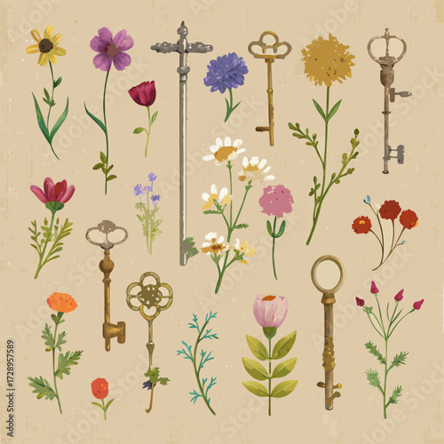 A charming collection of delicate tiny pressed flowers and vintage botanical elements