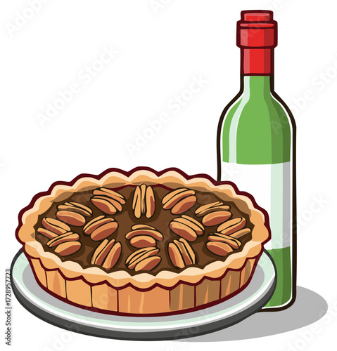 Pecan pie and wine bottle illustration, holiday treat or dessert concept