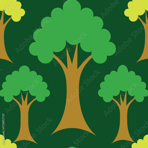 Seamless pattern of a dense oak forest with detailed trees and foliage in a natural woodland setting
