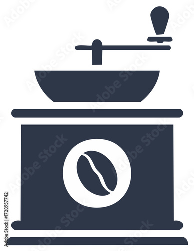 Dark Blue Manual Coffee Grinder Icon with Hand Crank and Coffee Bean Graphic