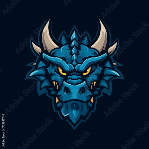 Blue dragon head with horns and glowing eyes on a dark background