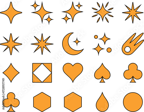 Assorted vector icons in orange with thin black outlines, including stars, moon, heart, and card suit symbols, offering a playful and versatile design set