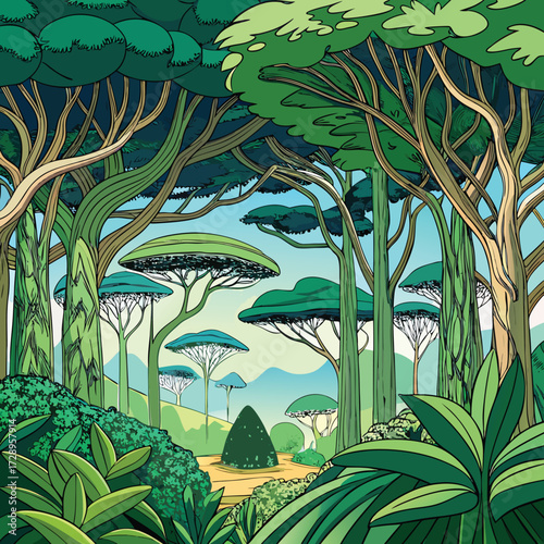 Intricate line art illustration of a lush rainforest canopy with diverse foliage and subtle textures
