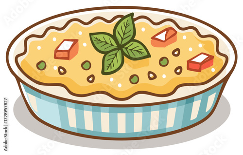 Cartoonish Casserole Dish Topped with Herbs and Vegetables in a Cute Blue Baking Pan