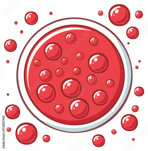 Vibrant red liquid surface with many glossy bubbles fizzing in a circular shape and floating around