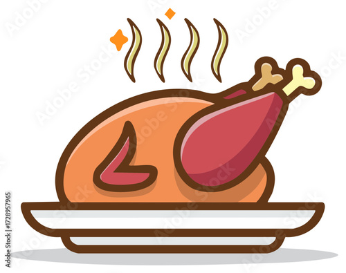 A stylized illustration of a hot roasted chicken on a platter with steam rising