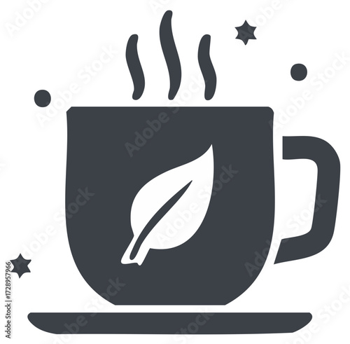 Herbal Tea Cup with Steam and Leaf Design Icon for Relaxing Beverage in Dark Theme