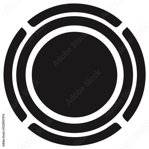 Bold Black and White Circle Symbol with Geometric Elements around the Perimeter