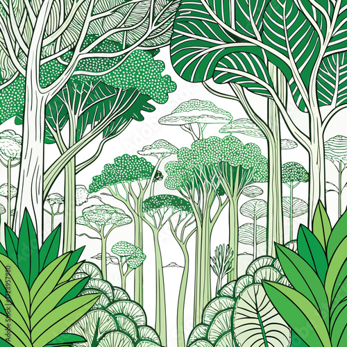 Intricate line art illustration of a dense tropical rainforest canopy with lush foliage and detailed leaves rendered in a clean graphic style
