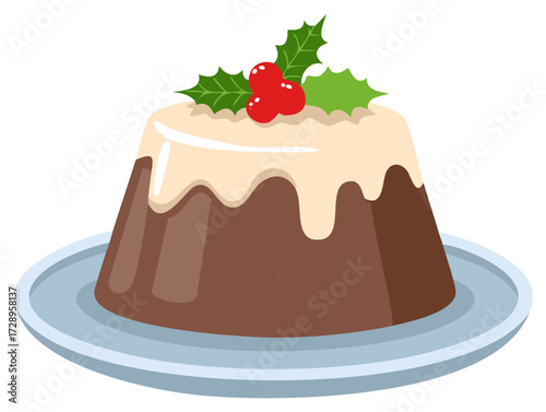 Traditional Christmas pudding dessert with holly berry garnish and cream sauce vector illustration