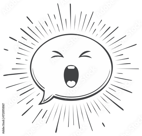 Hand drawn yawning or screaming facial expression in retro comic chat bubble with radiating burst lines