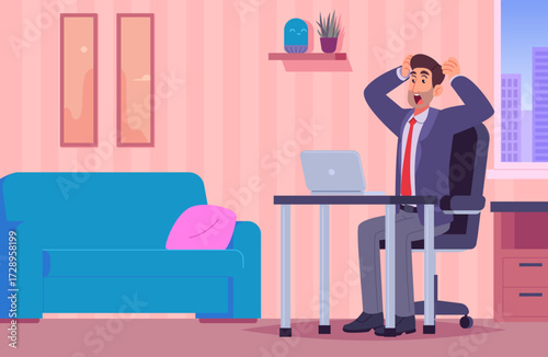 Cartoon businessman stressed at desk with laptop in home office
