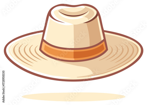 Stylized light beige wide brimmed sun hat featuring a decorative brown ribbon band