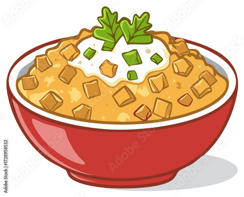 Delicious cartoon illustration of a bowl of soup with croutons and toppings