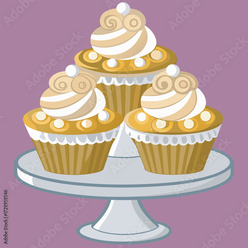 Threetiered cupcake stand featuring cupcakes with swirled frosting and pearl toppings