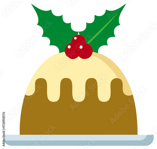 Classic Christmas Pudding Cartoon with Custard, Holly, and Berries on a Plate, Festive Holiday Dessert